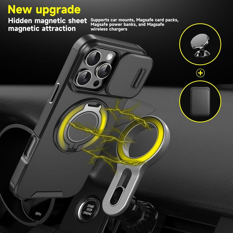 Magnetic Case Slide Camera Lens Cover for Iphone 16 Pro Max 15 14 13 12 Metal Ring Stand Bracket Holder Cover Car Mounted Shockproof Protective Protector Smartphone Orange Protection #Tiktokshopbacktoschool