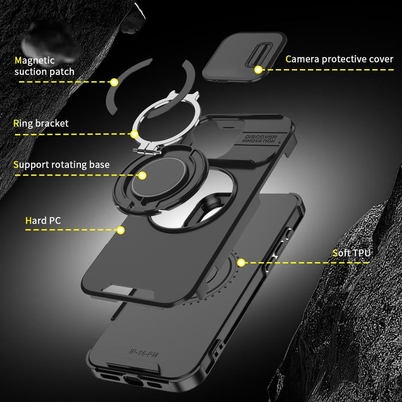Magnetic Case Slide Camera Lens Cover for Iphone 16 Pro Max 15 14 13 12 Metal Ring Stand Bracket Holder Cover Car Mounted Shockproof Protective Protector Smartphone Orange Protection #Tiktokshopbacktoschool