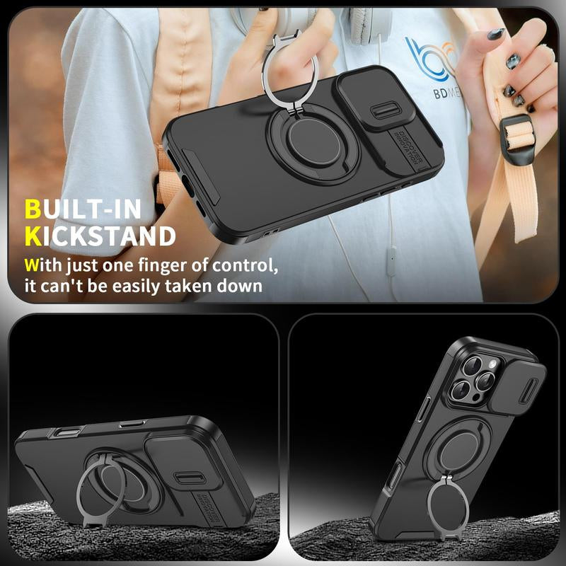 Magnetic Case Slide Camera Lens Cover for Iphone 16 Pro Max 15 14 13 12 Metal Ring Stand Bracket Holder Cover Car Mounted Shockproof Protective Protector Smartphone Orange Protection #Tiktokshopbacktoschool