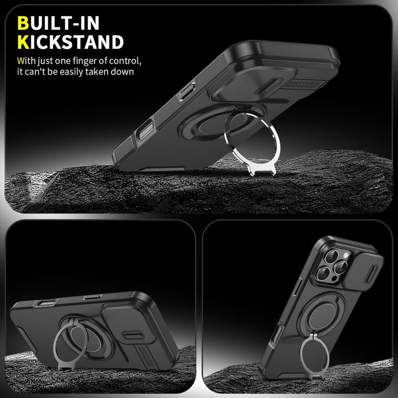 Magnetic Case Slide Camera Lens Cover for Iphone 16 Pro Max 15 14 13 12 Metal Ring Stand Bracket Holder Cover Car Mounted Shockproof Protective Protector Smartphone Orange Protection #Tiktokshopbacktoschool