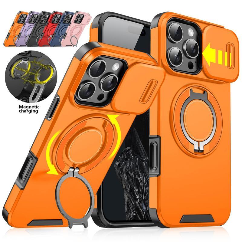 Magnetic Case Slide Camera Lens Cover for Iphone 16 Pro Max 15 14 13 12 Metal Ring Stand Bracket Holder Cover Car Mounted Shockproof Protective Protector Smartphone Orange Protection #Tiktokshopbacktoschool