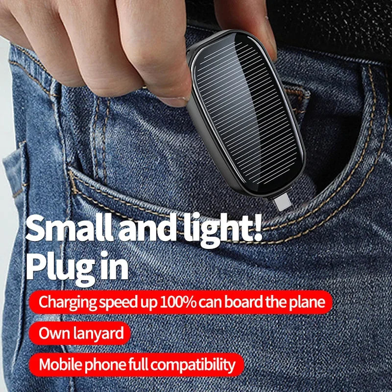 Solar Mini Power Bank Key Ring Portable Charger for Outdoor Camping External Battery Emergent Phone Power Bank 1200Mah
